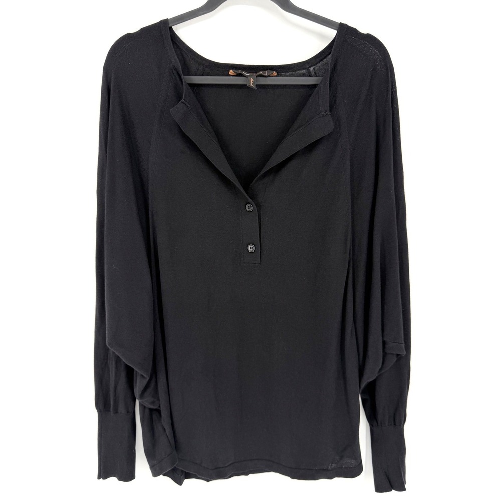 BCBG MAX AZRIA Silk Blend Knit Top OS Black Batwing Long Sleeve Henley Pullover